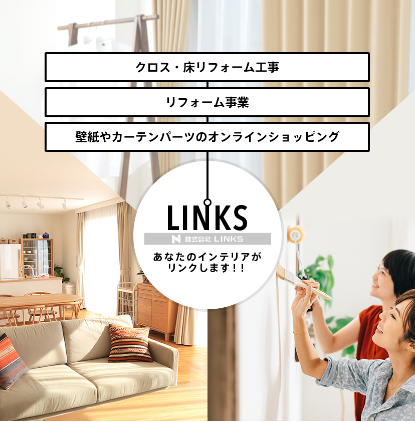 LINKS あなたのインテリアがリンクします！！ クロス・床リフォーム工事 DIYサポート事業 壁紙やカーテンパーツのオンラインショッピング